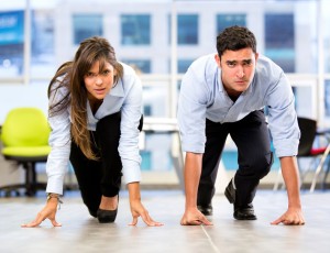 Business couple racing